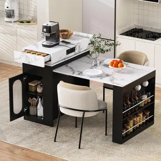 Merax Kücheninsel mit Rollen, Ausziehbarer Esstisch, Stauraum und Steckdosen, Flexibles Sideboard Servierwagen für Küche und Esszimmer, Schwarz - Schwarz
