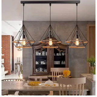 PETITES ECREVISSES 3 Flammige Pendelleuchte Industrie Hängelampe Schwarz Metall Pendellampe 25cm Design mit Hanfseil Deckenleuchte E27 Für Wohnzimmer Café Restaurant