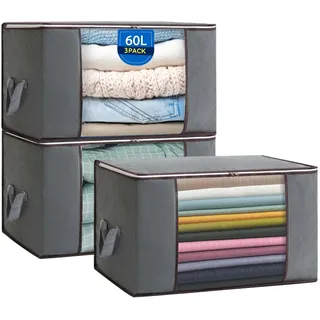 Boic 3 Stück 60L Aufbewahrungstasche, Große Aufbewahrung Kleidung, Aufbewahrungsbox Mit Deckel, Faltbare Kleiderboxen Für Kleider, Bettdecken, Bettzeug (Grau)