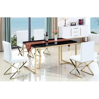 Esstisch 4x Stühle Esszimmer Set Komplett Set Ess Gruppe Edelstahl Tisch 5tlg - Schwarz, Weiß, Gold