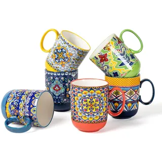HENXFEN LEAD Kaffeebecher aus Porzellan, 410ml Kaffeetassen set mit Henkel, Porzellantassen für Tee Kaffee Milch Cappuccino, Bunte, 6er Pack - Bohemian Style