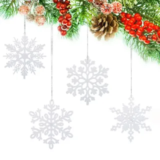 Kesote 24 Schneeflocken Deko Weiß Weihnachtsdeko Anhänger Weihnachtsbaumschmuck Glitzer Weihnachtsbaum Weihnachten