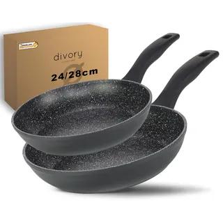 DIVORY Pfannenset 2-teilig Pfanne 24cm, 28cm Induktion – Antihaft Beschichtete große Universalpfanne für alle Herdarten - Sichere Griffe, Spülmaschinen geeignet (Griff: Schwarz)