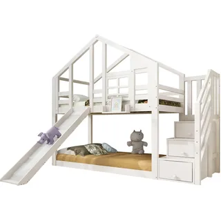 Stilvora Etagenbett 90/200 cm in Weiß mit Rutsche und Treppenschrank im Baumhaus-Design , Holzwerkstoff , 90x200 cm , Babymöbel & Kindermöbel, Kinderzimmer & Jugendzimmer, Stockbetten
