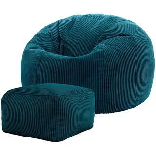 I.C.O.N. icon Sitzsack mit Hocker, Cord, Blaugrün, Sitzsack Erwachsene mit Füllung, Bean Bag, Cord Sessel, Lounge Sessel, Lounge Stuhl, Schlafzimmer, Wohnzimmer, Wohnzimmer Möbel