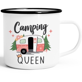 Moonworks® Emaille-Tasse Camping Queen King Wohnwagen Geschenk Camper Campingurlaub Zubehör Queen emaille-weiß-schwarz standard