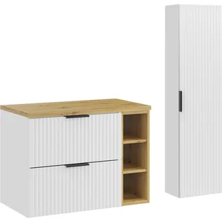 Modernes Badezimmer-Set 80 cm mit Waschtisch in Artisan-Optik und hohem Unterschrank