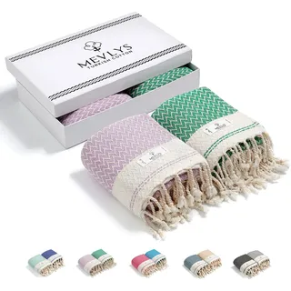MEVLYS Saunatuch Hamamtuch [2er Pack] Strandtuch Saunahandtuch Badetuch Duschtuch Strandhandtuch Picknickdecke Yogatuch Baumwolle Extra Leicht Damen&Herren (Helllila/Pastellgrün)