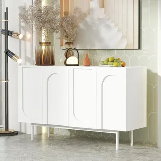 Flieks Modern Sideboard mit 4 Türen im Bogenmuster für Esszimmer und Wohnzimmer, Standschrank, Küchen-Sideboard 140x42x80cm, Weiß - Weiß