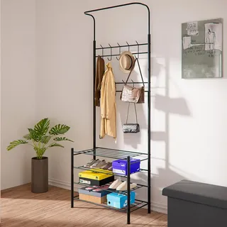 BAKAJI Kleiderständer für den Eingangsbereich mit Schuhregal aus Metall, robuste Struktur, platzsparend, 18 Haken für Wohnzimmer, ideal für Mäntel, Hüte, Taschen, Schuhe (4 Ebenen)