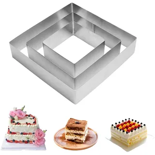 Tortenring Eckig 3 Stück Quadratischer Backrahmen, Edelstahl Set, Kuchenform Eckig, Hoch 4cm Ø 10/15/20 cm