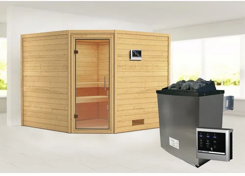 Bild von Sauna Leona Eckeinstieg, 9 kW Saunaofen mit externer Steuerung, für 4 Personen - beige