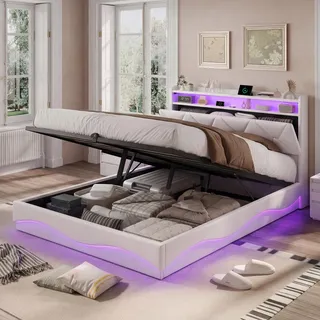 Bett 140x200cm Samt Beige, Hydraulischer Stauraum, LED RGB, USB/Type-C, Kopfteil mit Regal - Beige