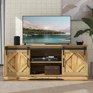 Großer TV-Schrank TV Stand Sideboard Entertainment Center mit 2 klassischen Schiebetüren Einstellbare Regale für Wohnzimmer Esszimmer Landhaus - Braun