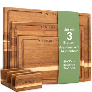Twinzee Schneidebrett 3er Set (40 x 30/33 x 24/26 x 18 cm) aus Massiver Akazie - Schneidebrett Holz mit Brettständer, 2cm dicke Holzbretter, mit Saftrille