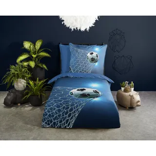 PURE luxury collection Kinderbettwäsche »Fans« 2 Stk., tlg. 135x200, Pflegeleicht, Reißverschluss, Wende, Kind Junge, Fußball blau, blau