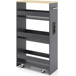 FANTASK 20cm Schmaler Nischenwagen, 4 Etagen Küchen-Servierwagen mit Ladestation, Rollendes Holzregal mit Griff & Geländer, Badregal für Küche & Badezimmer (Grau)