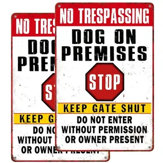 Schild mit Aufschrift "Beware Of Dog For Fence No Trespassing Dog On Premises" Schild für den Garten (2 Stück) Hundewarnschilder für Eigentum, lustige Metall-Blechschilder mit Aufschrift "Beware Of