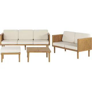 BELIANI Lounge Set Hellbraun Akazienholz 4-teilig für 5 Personen mit Auflagen Beige Stoff Couchtisch Fußhocker 2er und 3er Sofa Outdoor Terrasse Garten - Braun, Beige