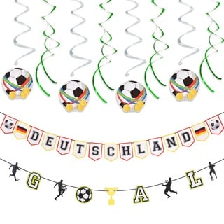 AhfuLife Fußball Geburtstag Party Deko Set für EM Dekoration 2024-1 Stück Deutschland Flaggenkette, 1 Stück EM Deko Girlande Banner und 8 Stück Fußball Hängende Wirbel für EM Olympische Party Deko