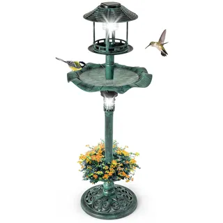 FANTASK Vogeltränke stehend, Ø43x110cm, Vogelbad mit Solarleuchte, Vogelfutterstation Retro mit Blumentopf, Vogelfutterhaus & befüllbarem Ständer, Vogelfutterhaus für Wildvögel & Vögel (Grün)