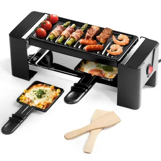 Raclette 2 Personen Mini Raclette Grill Antihaft Beschichtung Grillpfanne mit Pfännchen und Holzspatel ideal für Grillen & Überbacken | Mini Raclette 350W
