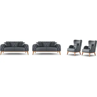 Stilvolles Arbeitszimmer Set Designer 2x 2-Sitzer 2x Ledersessel 4tlg - Schwarz