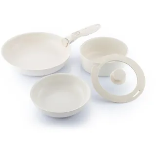 InnovaGoods - 5-teiliges Antihaft Bratpfannen-Set mit abnehmbarem Griff, stapelbares Design, gleichmäßige Wärmeverteilung, für alle Herdarten inkl. Induktion, leicht zu reinigen, Aluminium, Beige