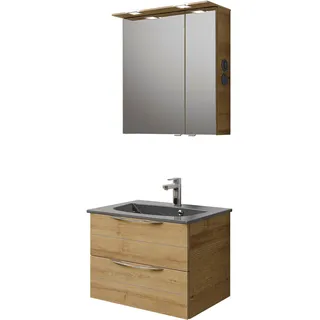 Saphir Badmöbel-Set »Serie 6025 2-teilig Mineralmarmor-Waschtisch mit LED-Spiegelschrank«, (2 St.), Waschplatz 67 cm breit, 2 Schubladen, 2 Spiegel-Türen, inkl Türdämpfer, braun