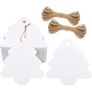 G2PLUS Weihnachtsbaum Geform Geschenkanhänger - 100 Stück Weiß Weihnachten Etiketten Tags - 6x6 CM Papier Hängeetiketten mit Schnur zum Adventskalender und Weihnachtsgeschenke verziert