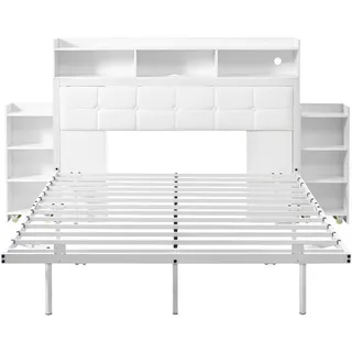 Oxeza Metallbett 140/190 cm Weiß mit 2 ausziehbaren Nachttischen, LED und Ablagefächern , Metall , Mode , Rechteckig , 140x190 cm , Schlafzimmer, Betten, Metallbetten