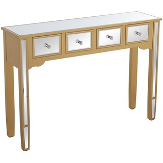 DRW Eingangstisch aus Holz und Spiegel mit 4 Schubladen in Gold und Spiegel, 110 x 30 x 80 cm