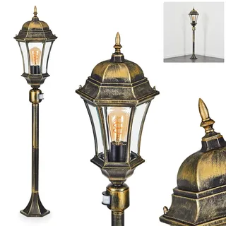 HOFSTEIN Wegeleuchte Etoo, Außenwegeleuchte mit Bewegungsmelder aus Metall/Glas in Schwarz/Braun-Gold/Klar, Außenleuchte im Landhaus/Antik/Retro/Vintage-Design, Garten, Terrasse, 116 cm, E27, IP44