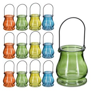 Relaxdays Windlicht, 12er Set, aus Glas, Henkel zum Aufhängen, innen & außen, Teelichthalter, HxD 10x8,5 cm, Mehrfarbig