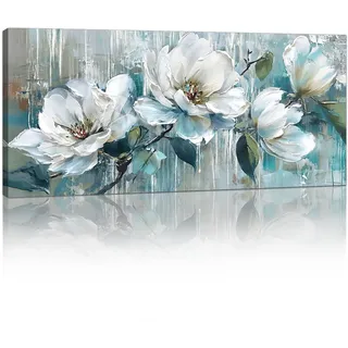 Mit Rahmen Großes Leinwandbilder Wandbilder, Weinlese Blau Weiße Blumen Abstrakt bild auf leinwand Wandkunst Modern XXL Kunstdruck Deko für Wohnzimmer Schlafzimmer fertig zum Aufhängen 120x50cm