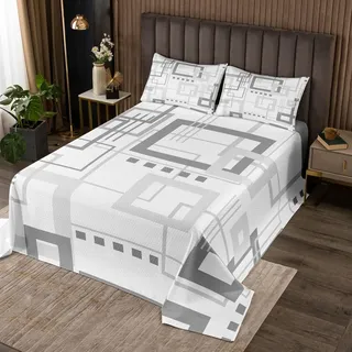 Homewish Modernes geometrisches gestepptes Grau abstraktes Geometrie Gitter Tagesdecke Gitter Karo Plaid Bettdecke 170x210 cm für Mädchen Kinder Kariertes Büffel Quilt Set Jungen Schlafsaal Dekor