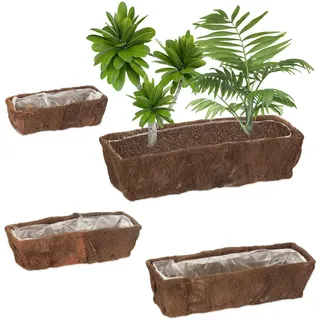 Relaxdays Blumenkasten Natur 4er-Set Tannenholz Kokosfaser mit Folie 9x29x12 cm , Braun , Textil, Holz, Kunststoff , 57.5x14x20 cm , Dekoration, Blumen & Blumentöpfe, Übertöpfe