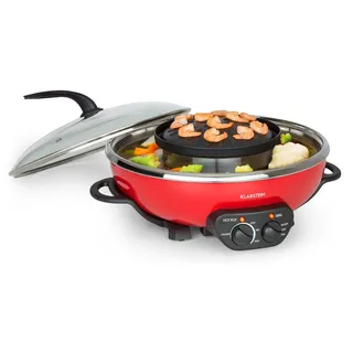 Klarstein Szechuan - Hot Pot und Grillplatte, Hot Pot Topf Volumen: 5 Liter, Hot Pot Grill 1350 Watt / 38 cm Ø, Grillplatte: 600 Watt / 22 cm Ø, Heizelement aus Aluminium, rot - Rot