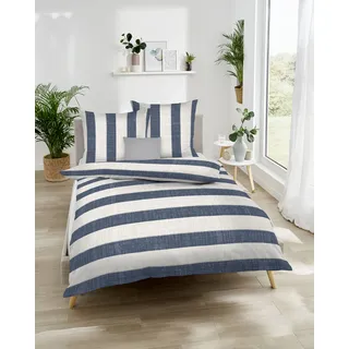 Bettwäsche KAEPPEL "College", blau (marine), B/L: 135cm x 200cm, 1 Stk., 1 Stk., Mako-Satin, B/L: 80cm x 80cm, 2 Stk., Mako-Satin, Obermaterial: 100% Baumwolle, Bettwäsche, Bettwäsche, Mit breiten Streifen