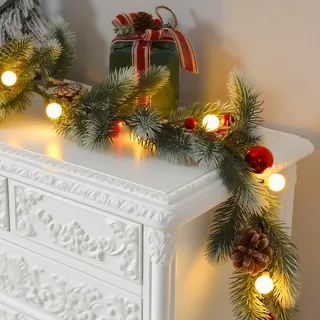 Quntis Weihnachtsgirlande mit Beleuchtung 175cm, Tannengirlande mit Timer | mit 20 Kugel Lichterkette Tannenzweige Rote Beeren Tannenzapfen Glöckchen 8 Modi künstliche Deko-Girlande für Weihnachtsdeko
