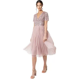 Maya Deluxe Damen Maya Deluxe V-neck Embellished Midi Bridesmaid Dress, Frosted Pink, 40 EU