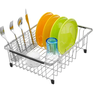 iPEGTOP Erweiterbares Abtropfgestell für Geschirr – Rostfreies Edelstahl Abtropfkorb für Spüle, Multifunktionaler Geschirrständer mit Besteckhalter, Innen-Sink-Organizer
