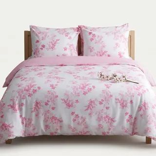 LERUUM Baumwolle Bettwäsche 135x200 Sommerbettwäsche Blumen Gestreift Rosa