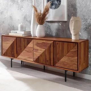 FineBuy Sideboard Sheesham Massivholz 140 cm mit 4 Türen - Massive Retro Kommode mit Schwarzen Beinen - Design Natur Anrichte - Handdustrial - Braun