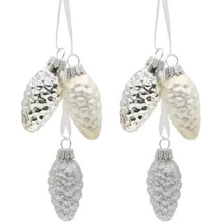 2 Stück Edler Lauschaer Christbaumschmuck - Krebs Glas Lauscha - Christbaumschmuck Glaszapfen 2er Set mit 3 Tannenzapfen in Silber mit Textilband 6cm, Glanz, matt, glitzernd.