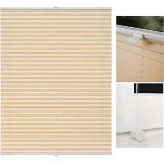 Beige Klemmfix-Plissee für Fenster und Türen, ohne Bohren, als Faltrollo und Jalousie, blickdicht sowie lichtdurchlässig, mit Sicht- und Sonnenschutz, 110x130 cm