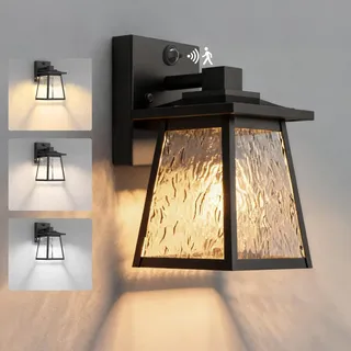 Wondlumi LED Außenlampe mit Bewegungsmelder 10W 3CCT Glas IP44 Schwarz 1er | Wandleuchte Aussen Bewegungssensor SMD Metall LED Wandlampe Modern 3000K 4000K 6000K 800lm 230V Terrasse Hof Garage Flur