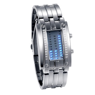 JewelryWe Paar Uhren Digitaluhr Silber Edelstahl Binäre Uhr Rechteck Bezel LED Sportuhr Blau LED Licht Kalender Mode Cool Partner Armbanduhr für Damen