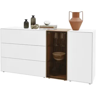 Johann Jakob Sideboard , Weiß, Eichefarben , Holz, Glas , Birke, Kerneiche , massiv , 3 Fächer , 2 Schubladen , 178x90x44 cm , Goldenes M , Typenauswahl, individuell planbar, Beimöbel erhältlich, stehend , Wohnzimmer, Wohnwände, Wohnwand-Serien