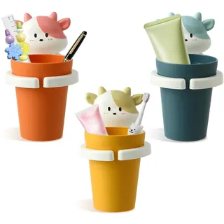 SI SEN 3 Stück Zahnbürstenhalter Mit Zahnputzbecher, Zahnputzbecherhalter Ohne Bohren, Niedliche Zahnputzbecher Kinder, Blaue Pink Zahnbürste Tasse Set, Spurenlos Abnehmbar